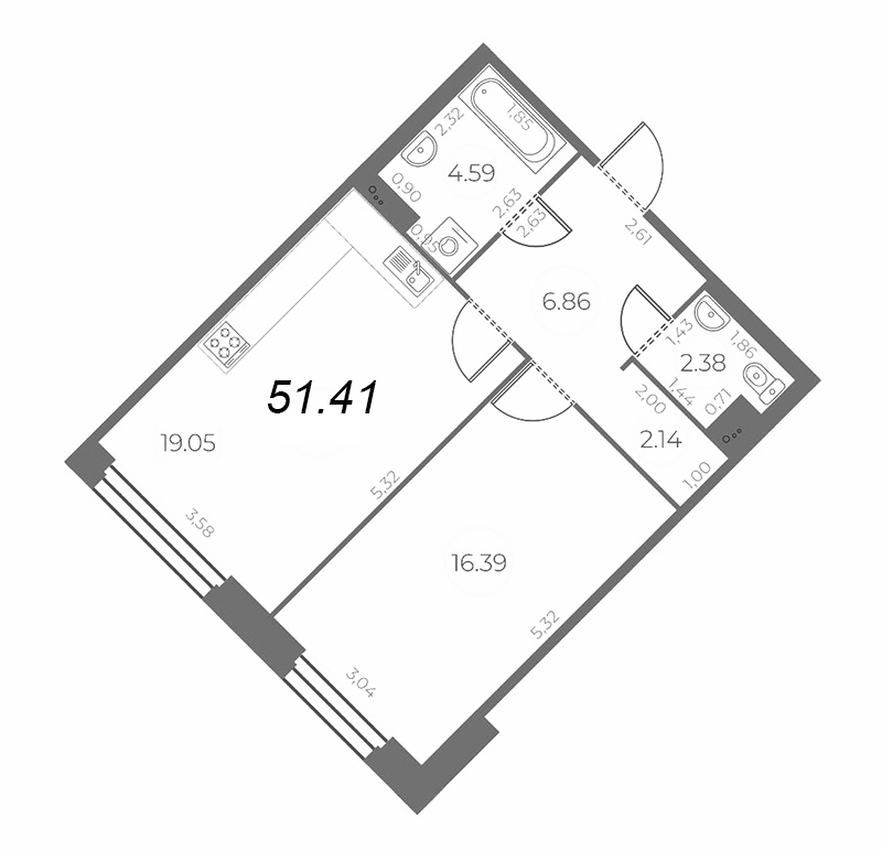 2-комнатная (Евро) квартира, 51.41 м² - планировка, фото №1