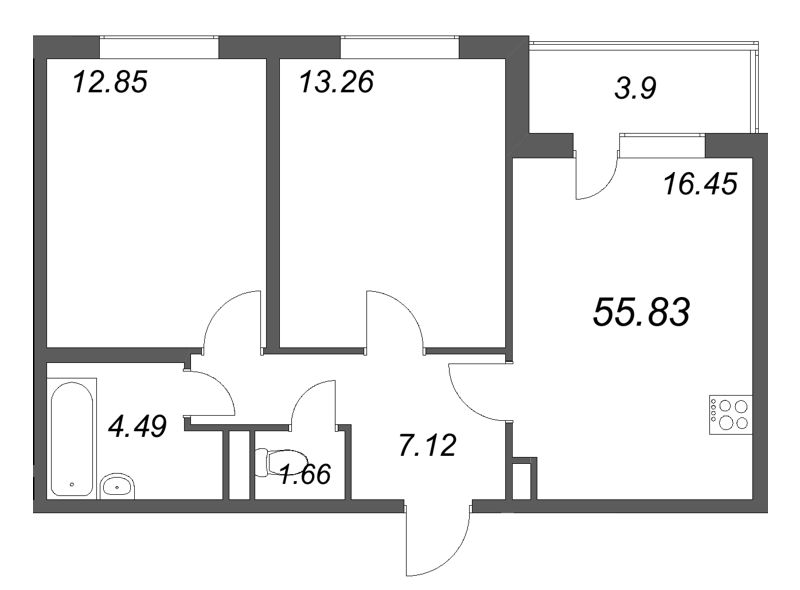 3-комнатная (Евро) квартира, 55.83 м² в ЖК "ЮгТаун" - планировка, фото №1