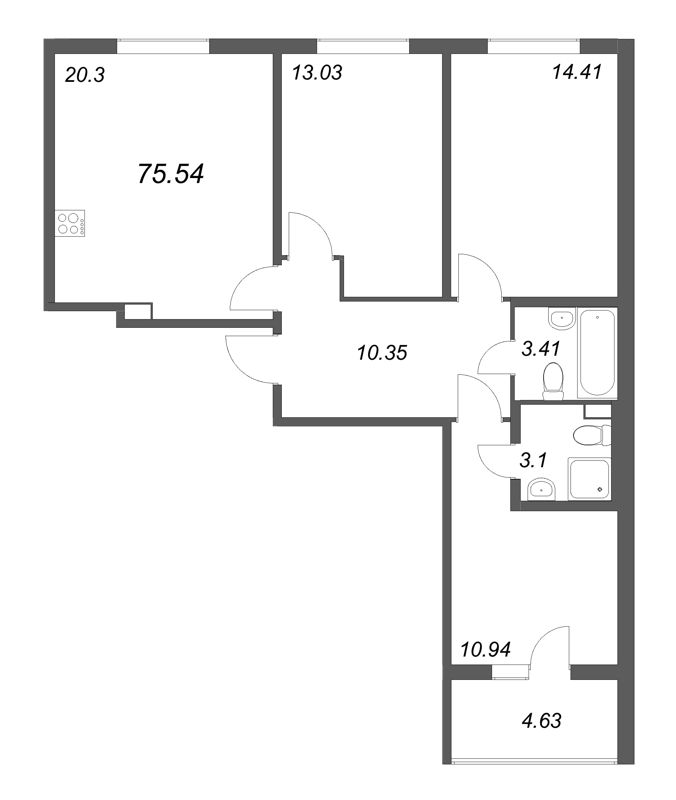 4-комнатная (Евро) квартира, 75.54 м² в ЖК "Любоград" - планировка, фото №1