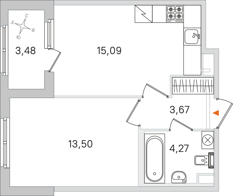 2-комнатная (Евро) квартира, 36.53 м² в ЖК "Дубровский" - планировка, фото №1