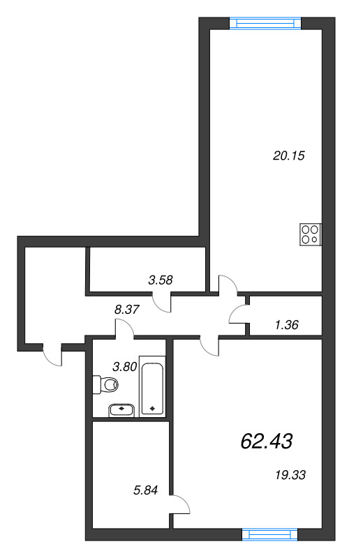 2-комнатная (Евро) квартира, 62.43 м² - планировка, фото №1