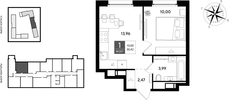 1-комнатная квартира, 30.42 м² в ЖК "Догма Юкки 2" - планировка, фото №1
