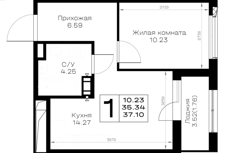 1-комнатная квартира, 37.1 м² - планировка, фото №1