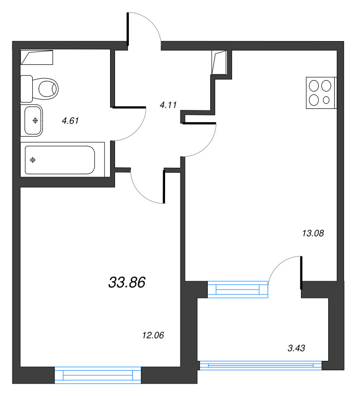 1-комнатная квартира, 33.86 м² в ЖК "ЮгТаун" - планировка, фото №1