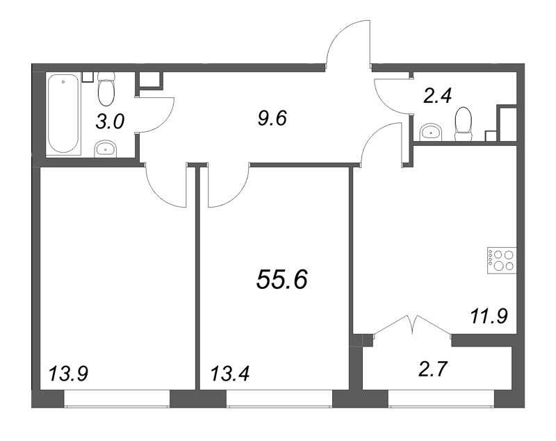 2-комнатная квартира, 55.6 м² - планировка, фото №1