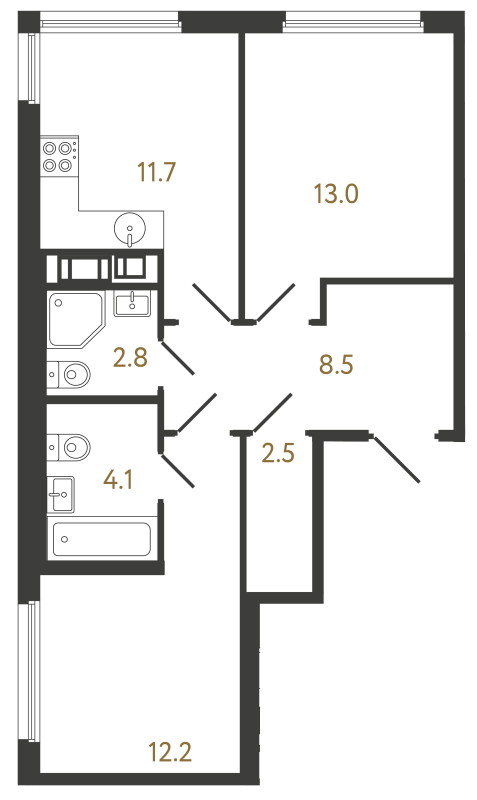 2-комнатная квартира, 54.8 м² в ЖК "Гений" - планировка, фото №1