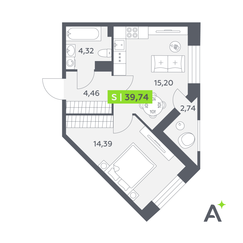 2-комнатная (Евро) квартира, 39.74 м² в ЖК "Аквилон РекаПарк" - планировка, фото №1