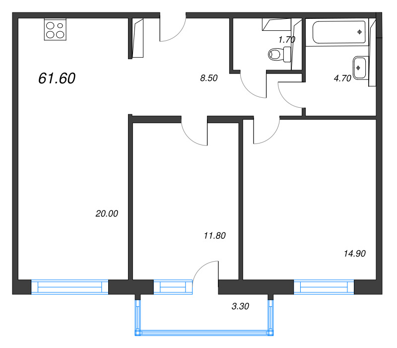 3-комнатная (Евро) квартира, 61.6 м² в ЖК "Руднева 15" - планировка, фото №1