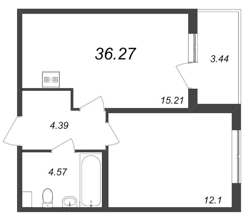 2-комнатная (Евро) квартира, 36.27 м² - планировка, фото №1