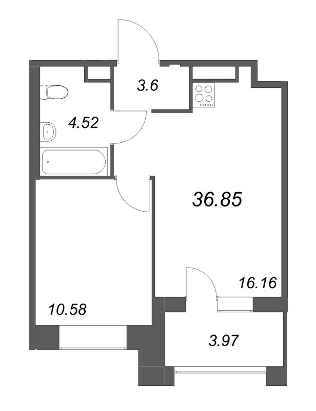 2-комнатная (Евро) квартира, 36.85 м² в ЖК "Ranta Residence" - планировка, фото №1