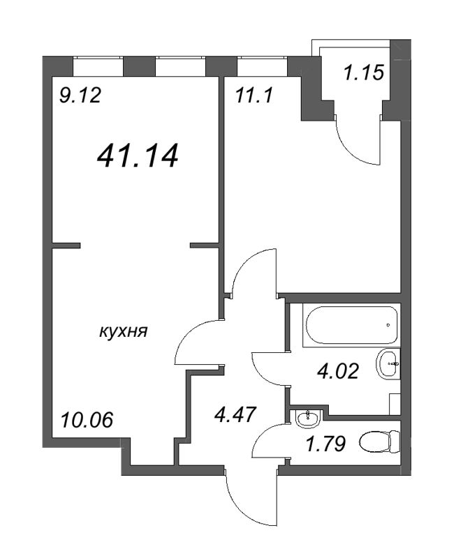 2-комнатная (Евро) квартира, 41.14 м² - планировка, фото №1