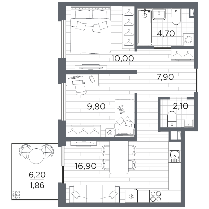 3-комнатная (Евро) квартира, 53.3 м² в ЖК "Плюс Пулковский" - планировка, фото №1