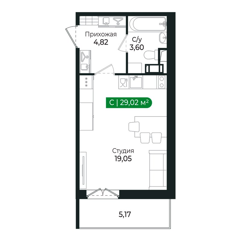 Квартира-студия, 27.4 м² в ЖК "Сертолово Парк" - планировка, фото №1