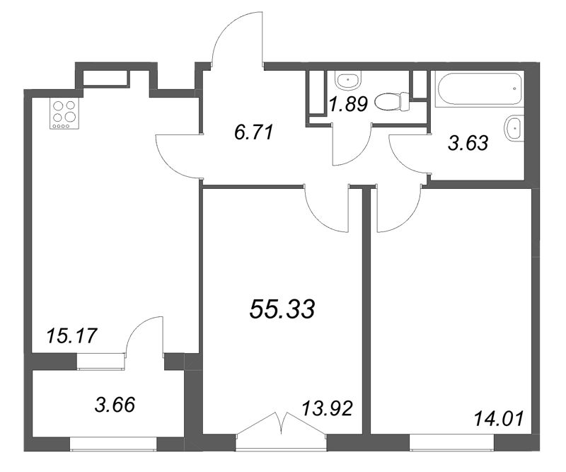 3-комнатная (Евро) квартира, 55.33 м² - планировка, фото №1