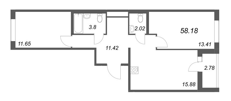 3-комнатная (Евро) квартира, 55.42 м² - планировка, фото №1