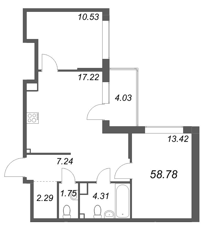 3-комнатная (Евро) квартира, 58.78 м² - планировка, фото №1