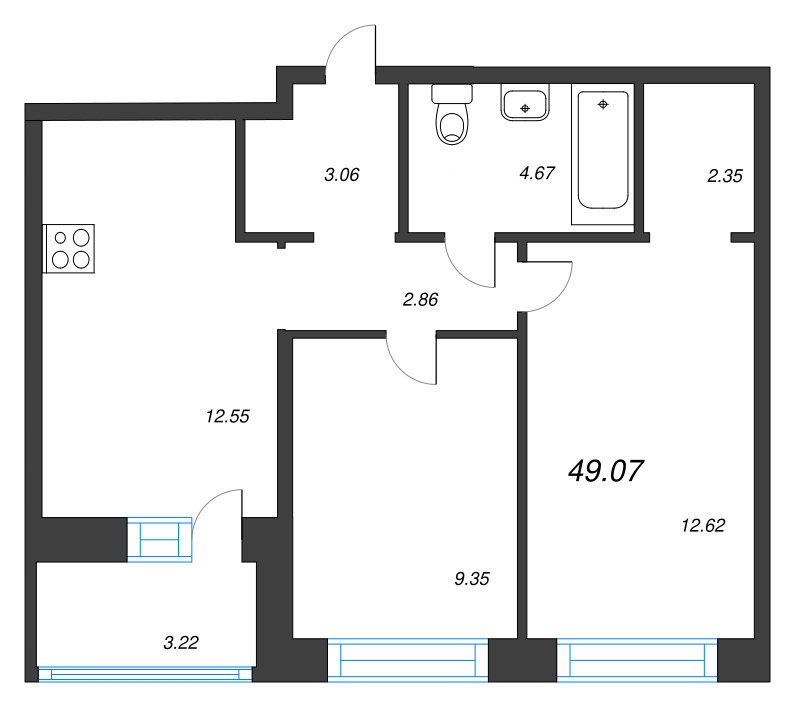 2-комнатная квартира, 49.07 м² в ЖК "Уютный" - планировка, фото №1