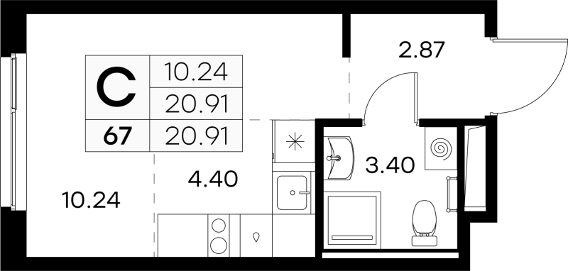 Квартира-студия, 20.91 м² в ЖК "GloraX Новоселье" - планировка, фото №1