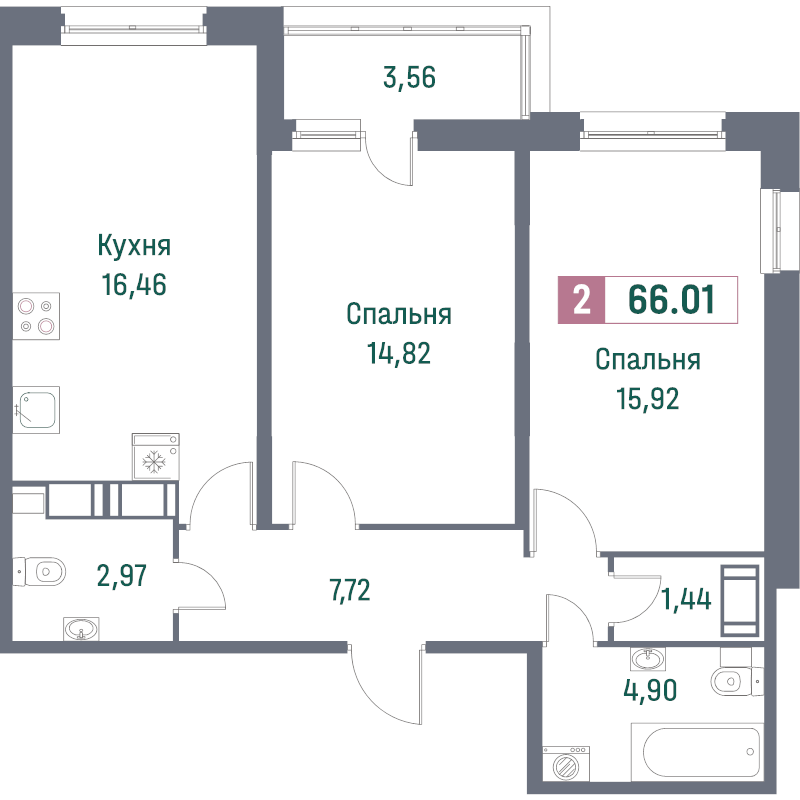 3-комнатная (Евро) квартира, 66.01 м² - планировка, фото №1