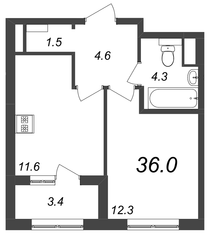 1-комнатная квартира, 35.8 м² в ЖК "Галактика" - планировка, фото №1