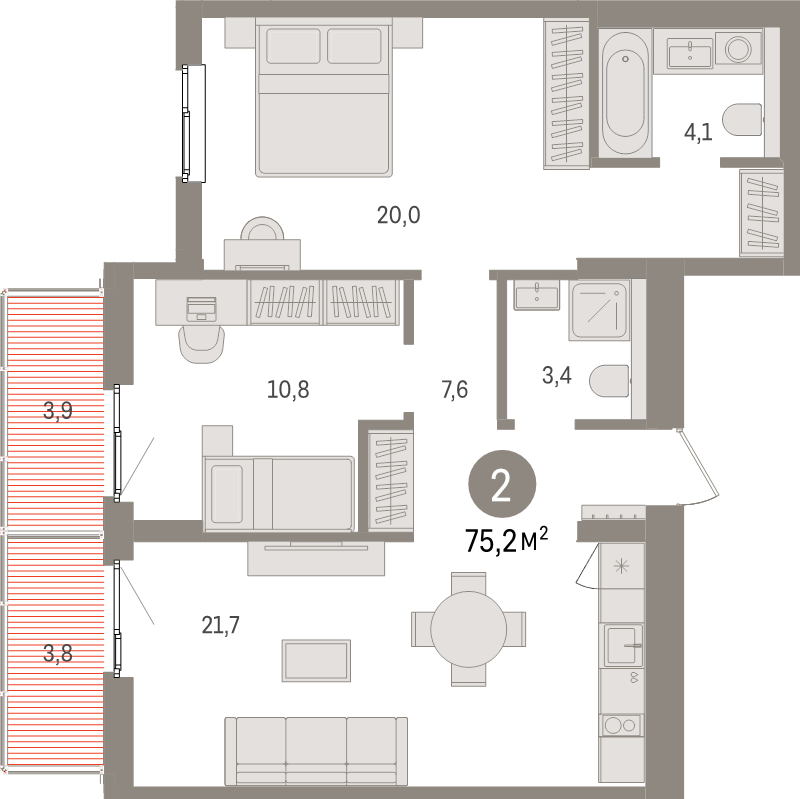 3-комнатная (Евро) квартира, 75.2 м² в ЖК "Брусника в Новоселье" - планировка, фото №1