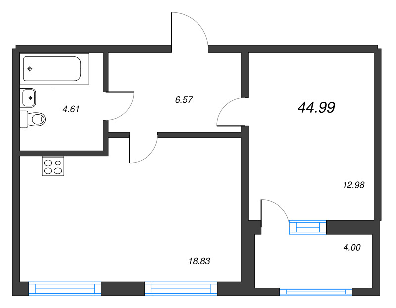 2-комнатная (Евро) квартира, 44.99 м² - планировка, фото №1