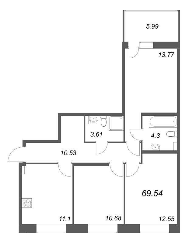 3-комнатная квартира, 69.54 м² в ЖК "Аквилон RekaPark" - планировка, фото №1