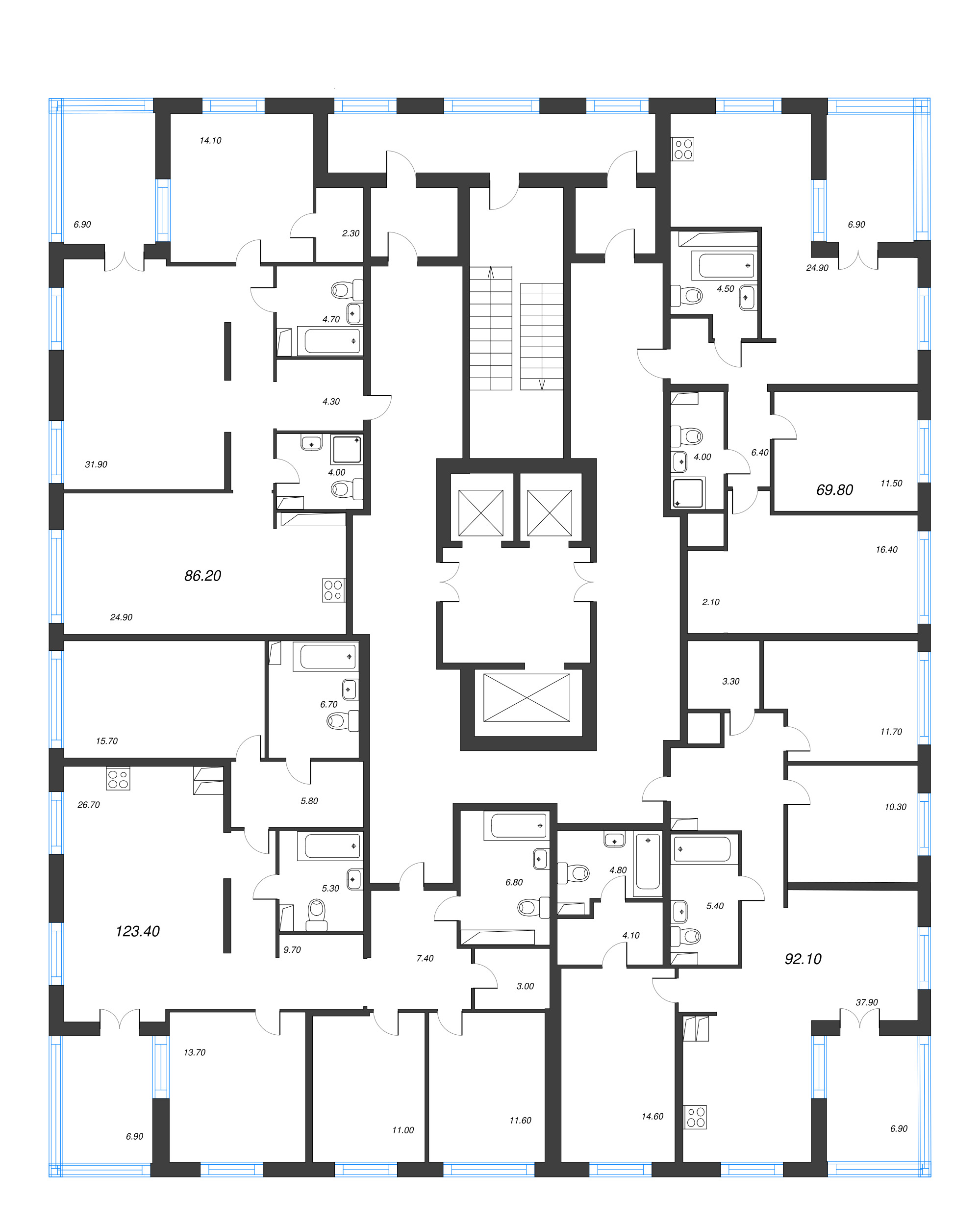 3-комнатная (Евро) квартира, 86.2 м² в ЖК "Струны" - планировка этажа