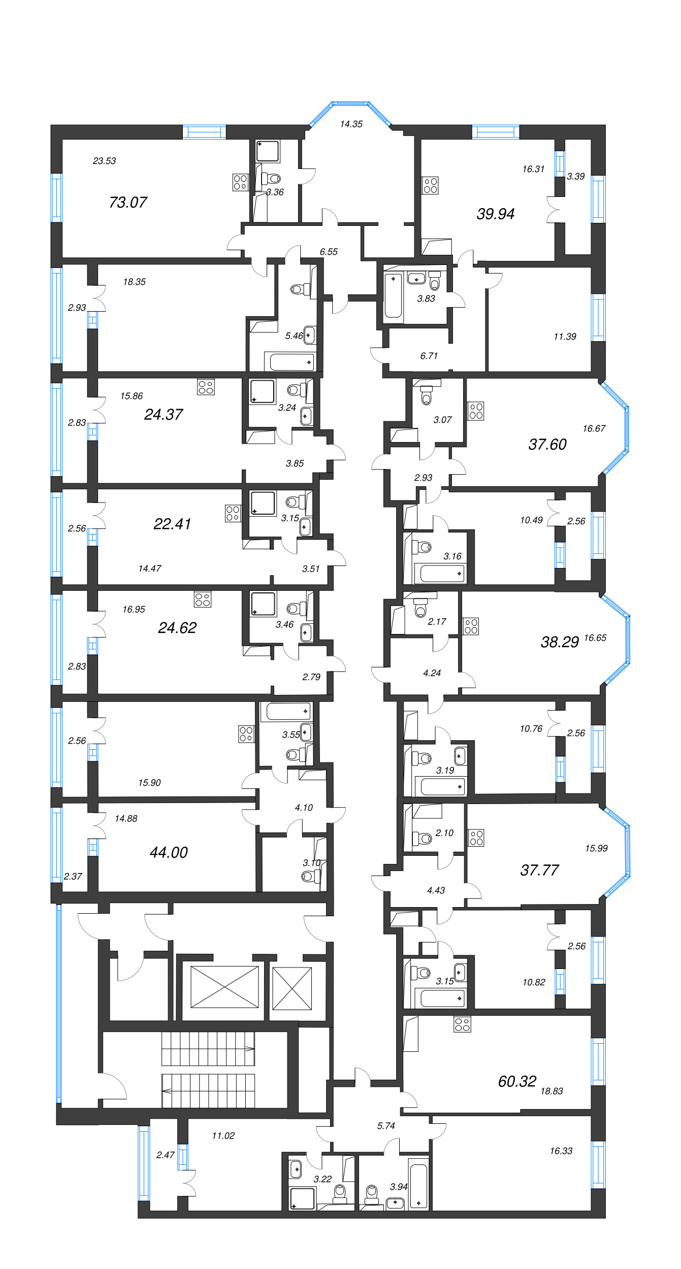 3-комнатная (Евро) квартира, 60.32 м² в ЖК "Цивилизация на неве" - планировка этажа