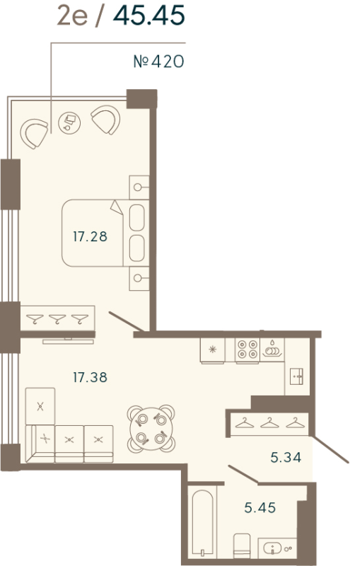 2-комнатная (Евро) квартира, 45.45 м² в ЖК "17/33 Петровский остров" - планировка, фото №1
