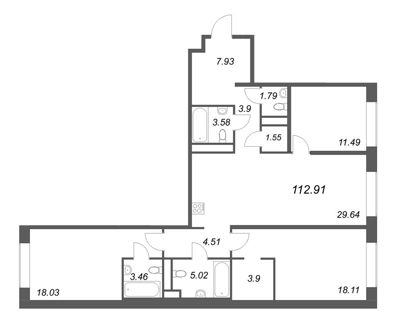 4-комнатная (Евро) квартира, 112.91 м² - планировка, фото №1