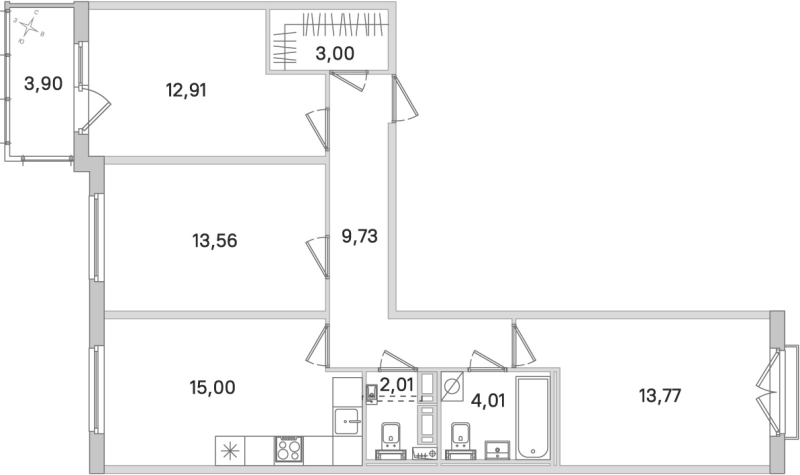3-комнатная квартира, 73.99 м² в ЖК "Любоград" - планировка, фото №1