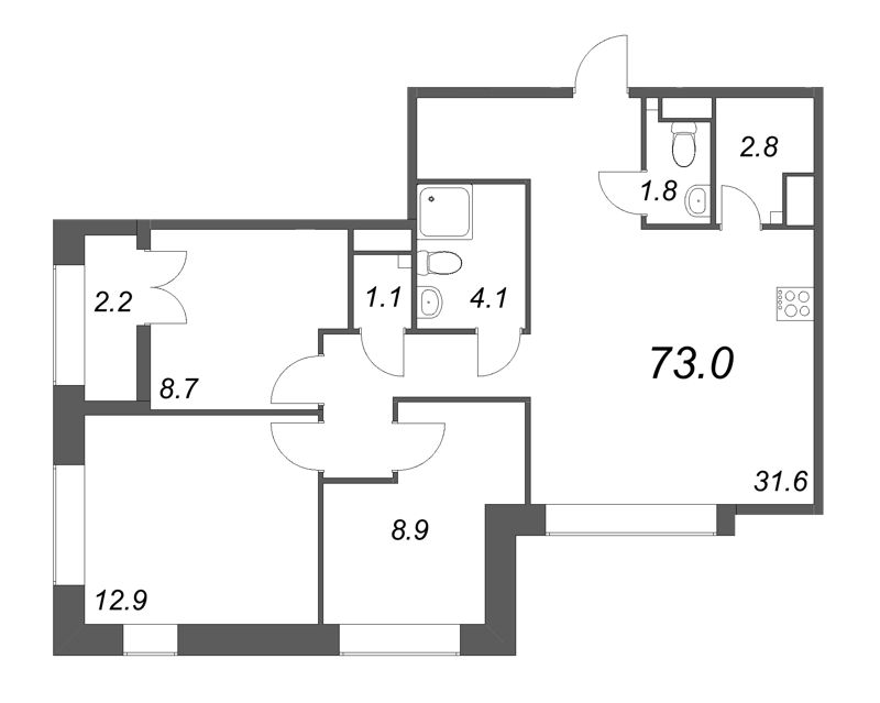 4-комнатная (Евро) квартира, 73 м² - планировка, фото №1