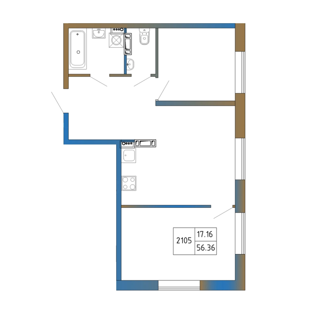 3-комнатная (Евро) квартира, 56.36 м² в ЖК "Атмосфера Выборга" - планировка, фото №1