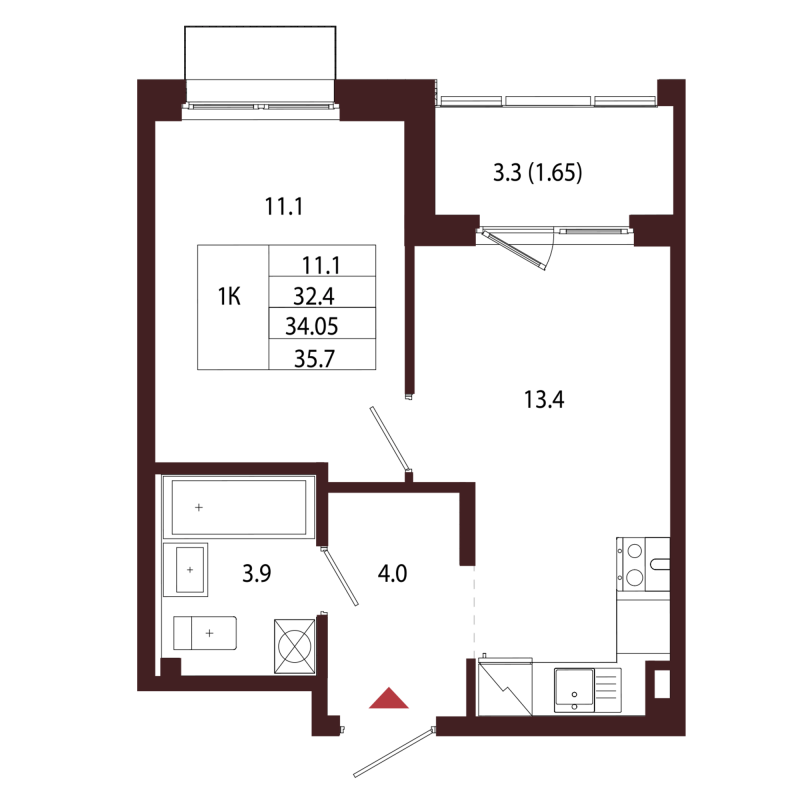 1-комнатная квартира, 34.05 м² в ЖК "Лисино" - планировка, фото №1