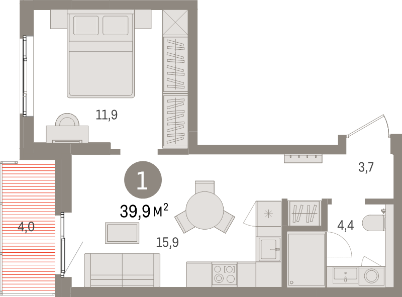 2-комнатная (Евро) квартира, 39.9 м² в ЖК "Брусника в Новоселье" - планировка, фото №1