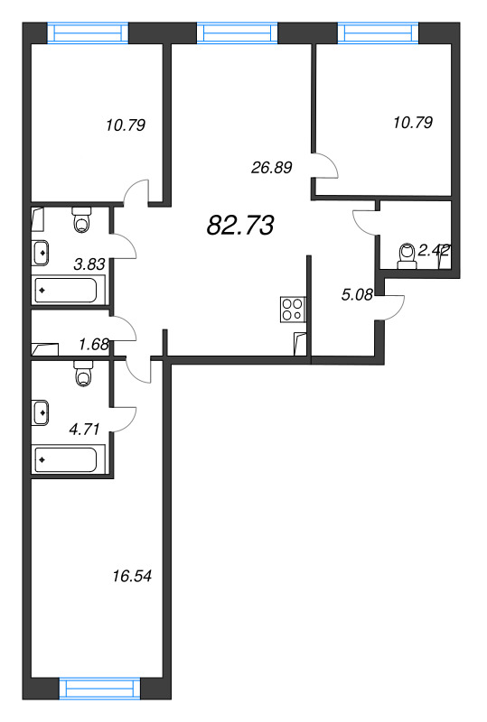 4-комнатная (Евро) квартира, 82.73 м² в ЖК "Остров Первых" - планировка, фото №1