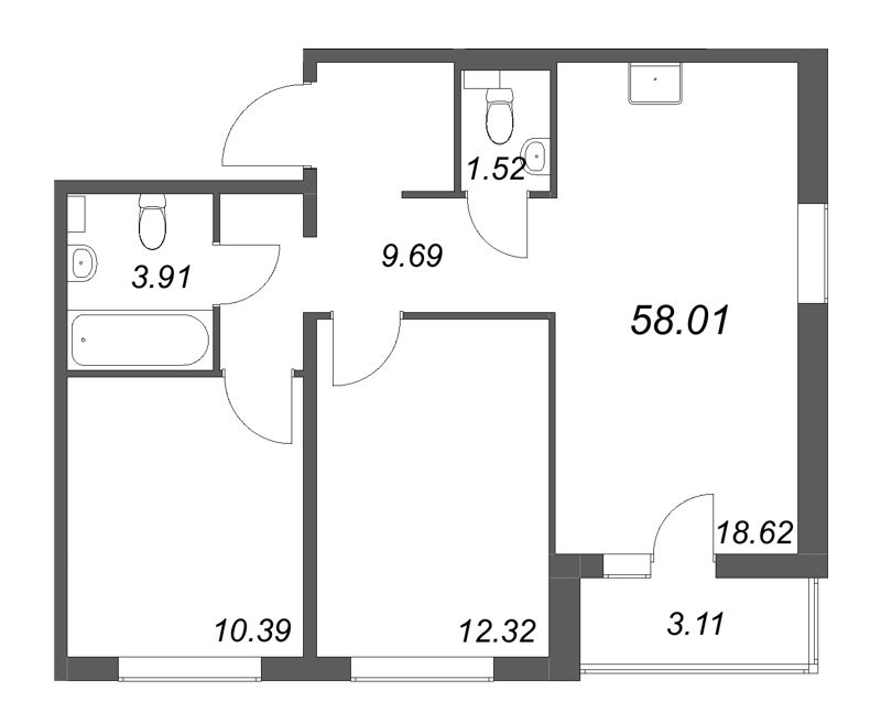3-комнатная (Евро) квартира, 58.01 м² в ЖК "Расцветай в Янино" - планировка, фото №1