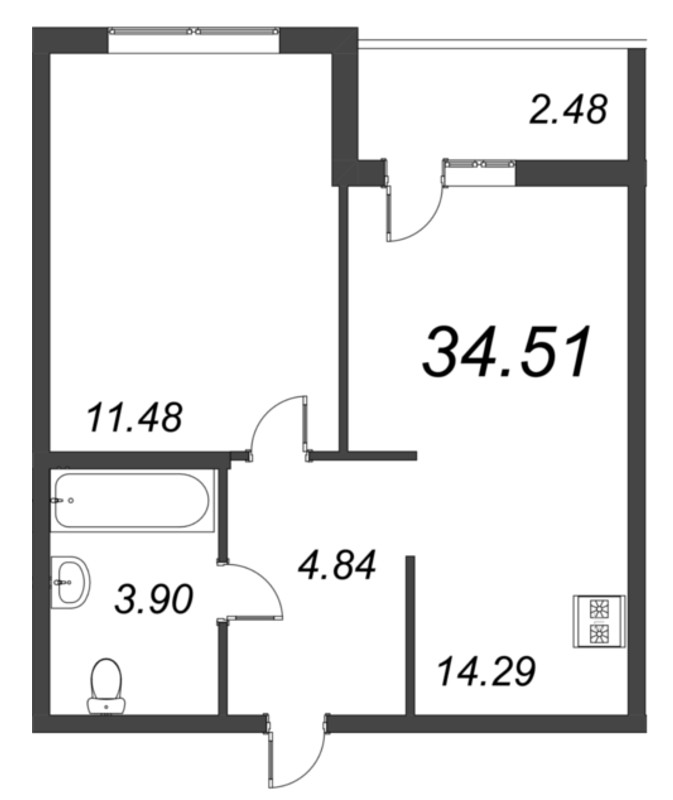 1-комнатная квартира, 36.99 м² - планировка, фото №1