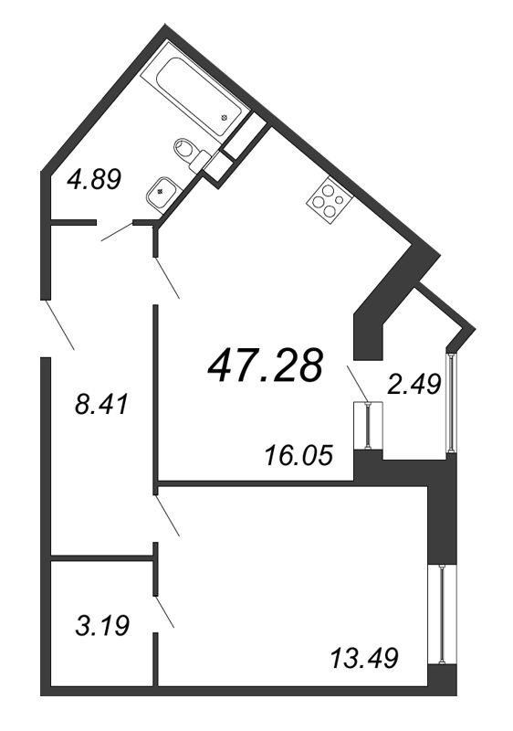 2-комнатная (Евро) квартира, 47.28 м² - планировка, фото №1