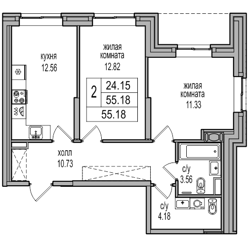 2-комнатная квартира, 54.5 м² в ЖК "Северная Долина" - планировка, фото №1