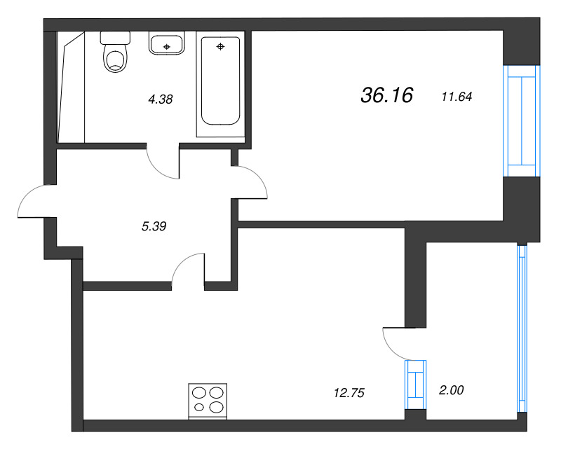 2-комнатная (Евро) квартира, 36.16 м² - планировка, фото №1