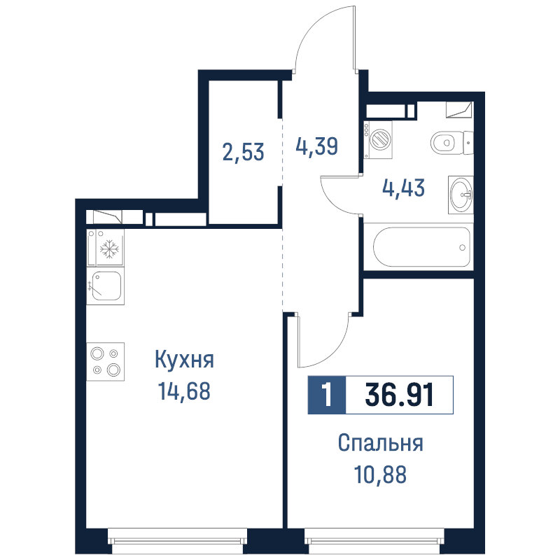 2-комнатная (Евро) квартира, 36.91 м² в ЖК "Максималист" - планировка, фото №1