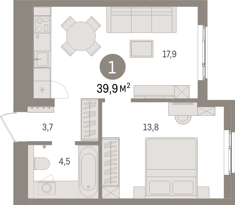 2-комнатная (Евро) квартира, 39.9 м² в ЖК "Брусника в Новоселье" - планировка, фото №1