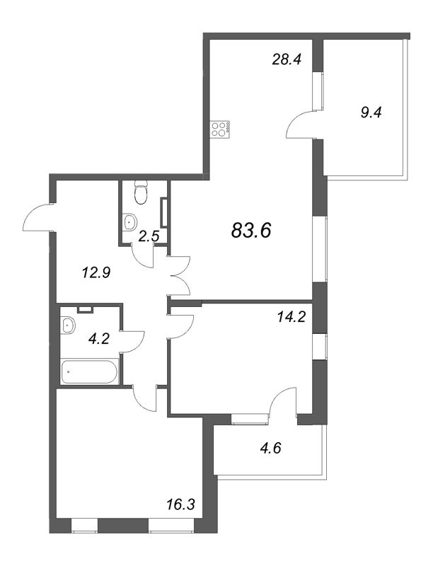 3-комнатная (Евро) квартира, 83.6 м² - планировка, фото №1