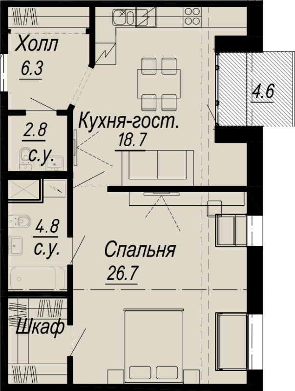 2-комнатная (Евро) квартира, 61.6 м² - планировка, фото №1