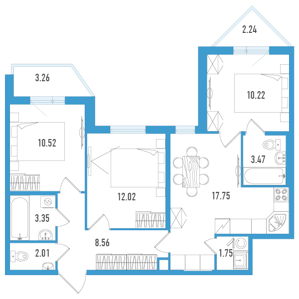 4-комнатная (Евро) квартира, 71.95 м² в ЖК "Мурино Клаб" - планировка, фото №1