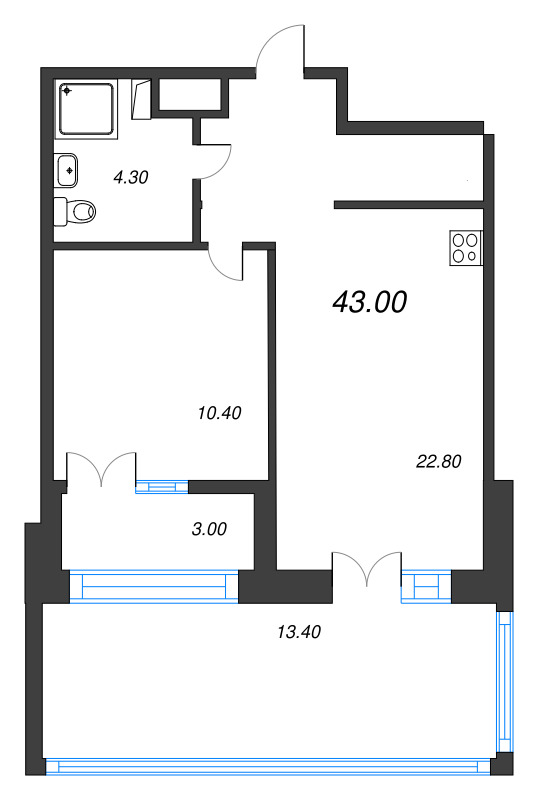 1-комнатная квартира, 43 м² - планировка, фото №1