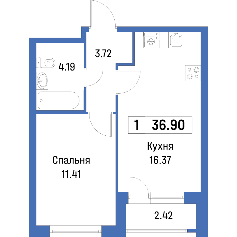 2-комнатная (Евро) квартира, 36.9 м² в ЖК "Урбанист" - планировка, фото №1