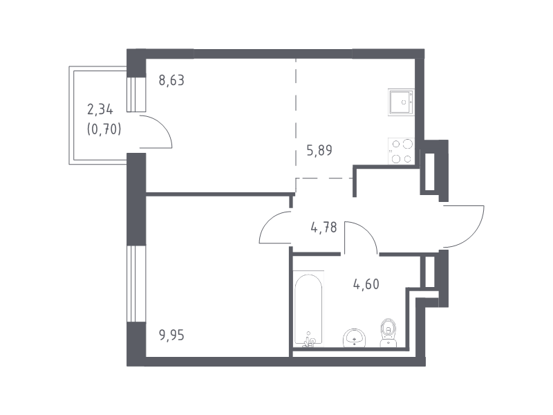 1-комнатная квартира, 34.55 м² в ЖК "Квартал Лаголово" - планировка, фото №1